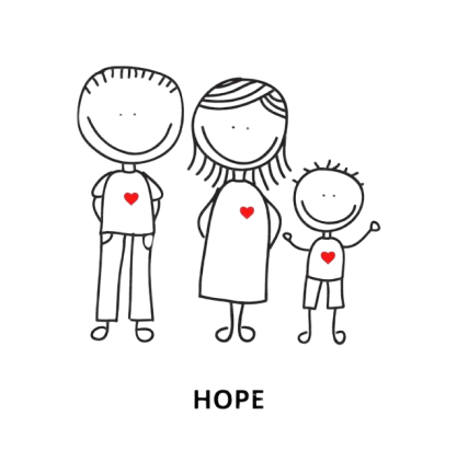 Illustration de 2 parents et 1 enfant avec leurs coeurs apparent en rouge
